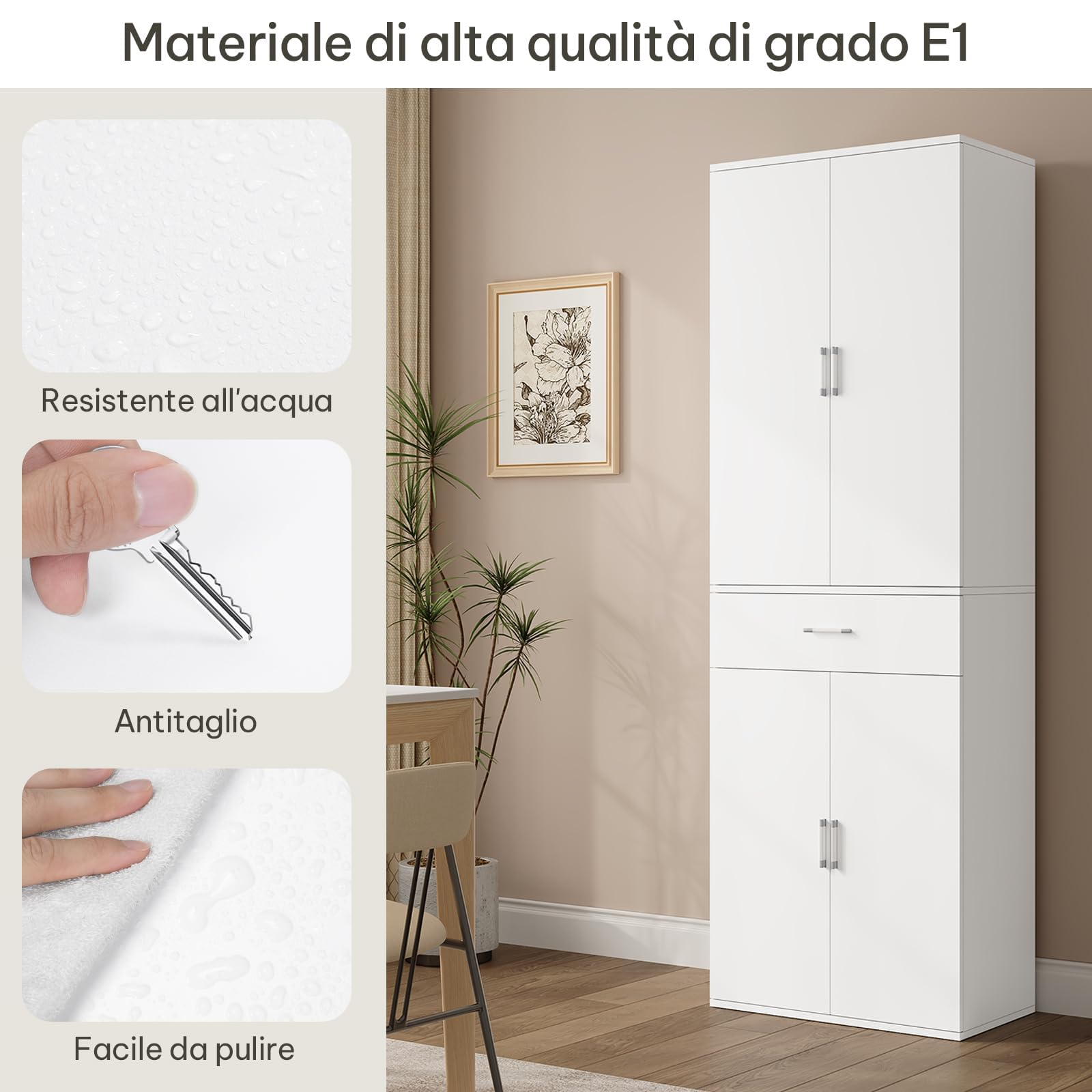 eSituro Armadio per Ufficio, Armadio per Archiviazione, 3 Ripiani Regolabili, 1 Cassetto, Legno Ingegnerizzato, 60x34x180 cm, Bianco