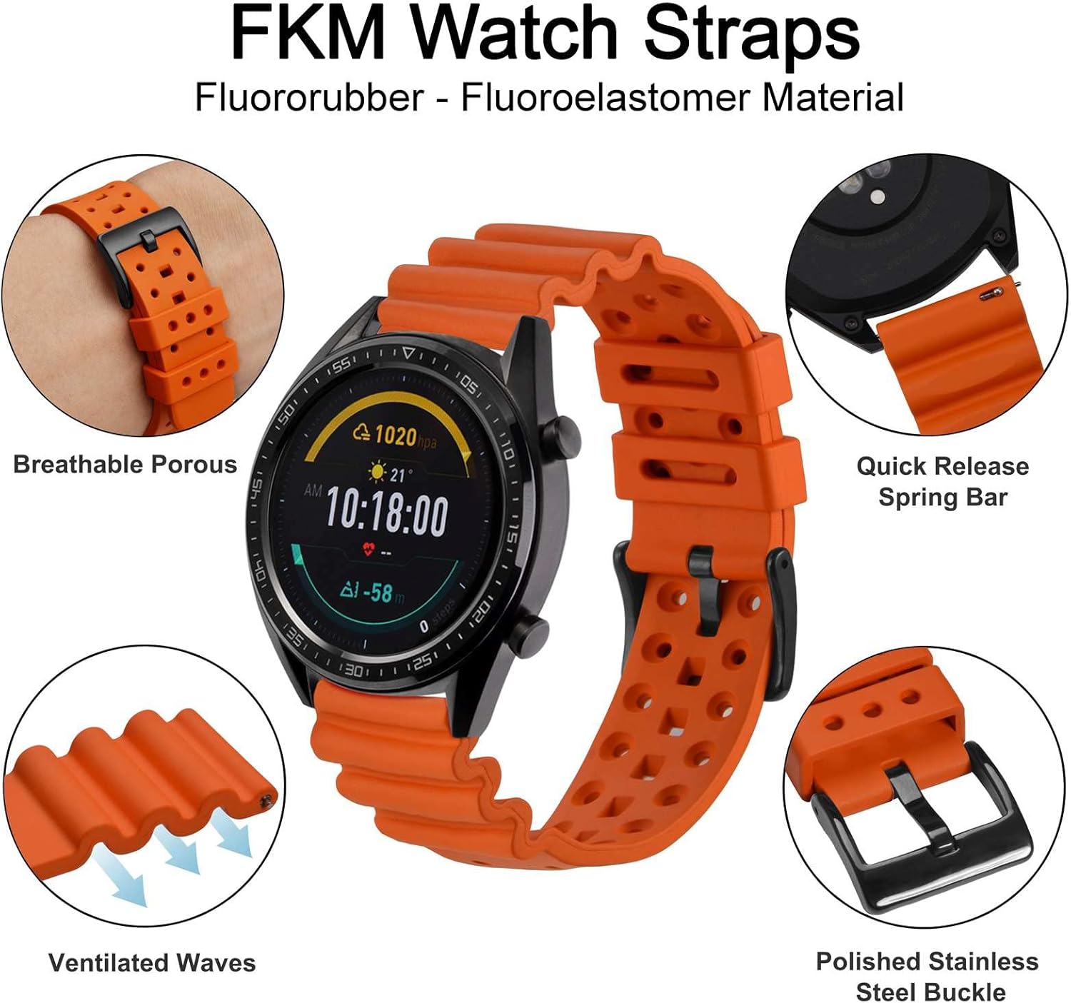 WOCCI 22mm Ventilated Watch Band for Men, FKM Rubber, Black Buckle (Pumpkin Orange) - Image 4