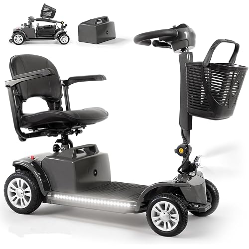 Mobility Scooter for Adults Senior,4 Wheels Electric Powered Scooter,Lightweight Mobility Scooter,with LED Headlights and Basket,Charger Included, Detachable Battery and Rotatable Seat (Grey-Black)