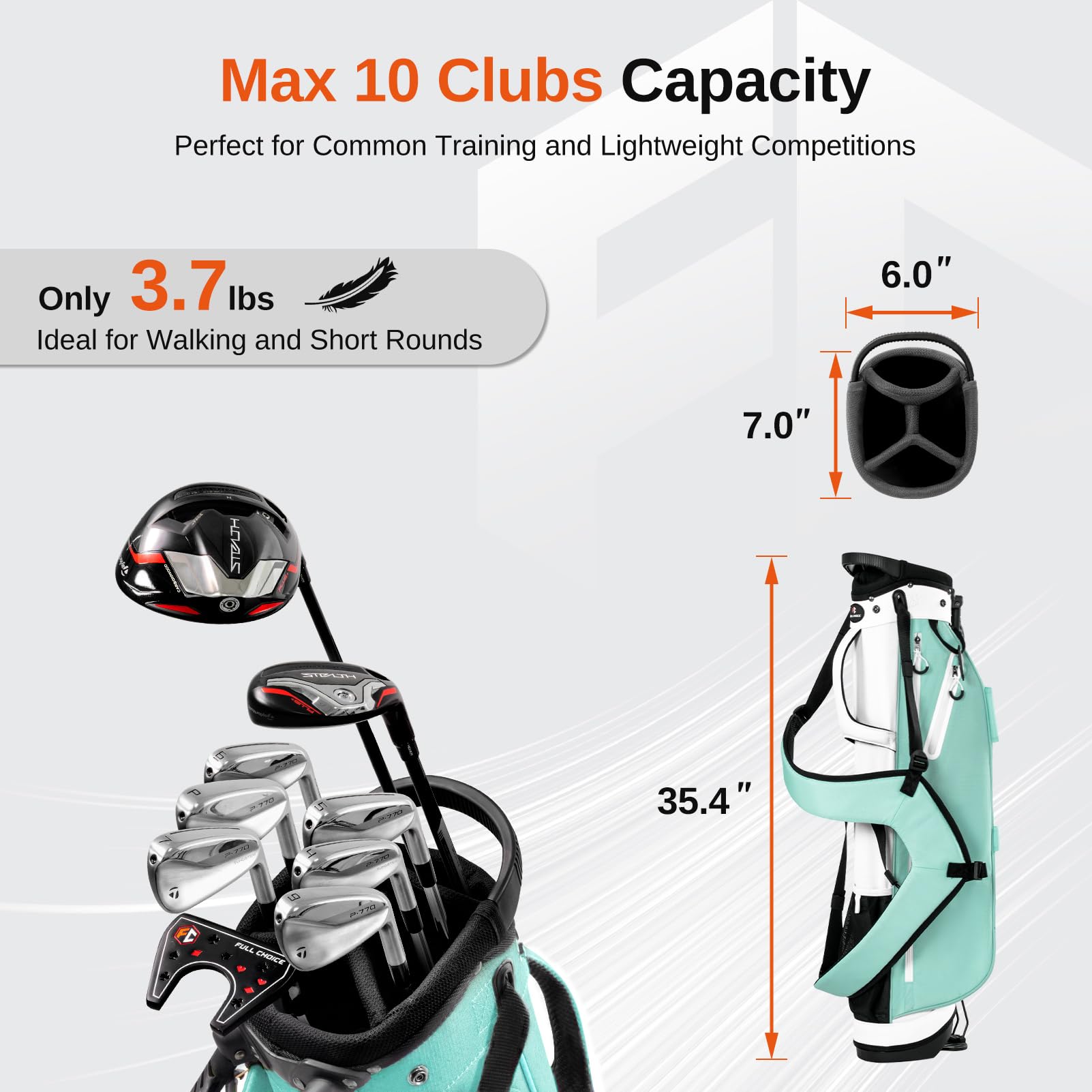 Leichter Golf-Standbag – Golf Tasche mit 4-Fach durchgehenden Divider, Platz für bis zu 10 Schläger, nur 1,7 kg, Doppelgurte & Standfuß – Ideal für Driving Range, Par 3 & Golfplatz