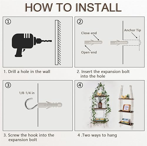 Miniatura 6 de Estante colgante con luces de vid, estante de pared para plantas de macramé, almacenamiento de pared con cuerdas tejidas hechas a mano, estante