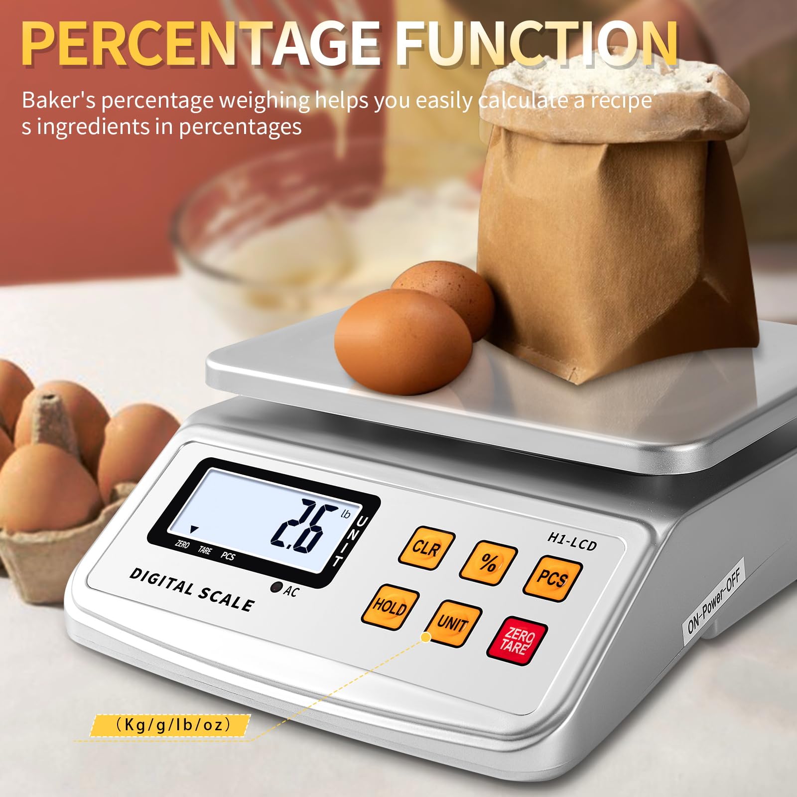 YONCON Digital Kitchen Scale, H1 Electronic Scales Digital Weight Grams and Ounces, Food Scale for Baking, Candle and Soap Making with Large Platform, 22lb, Lithium Battery and AC Power Adapter