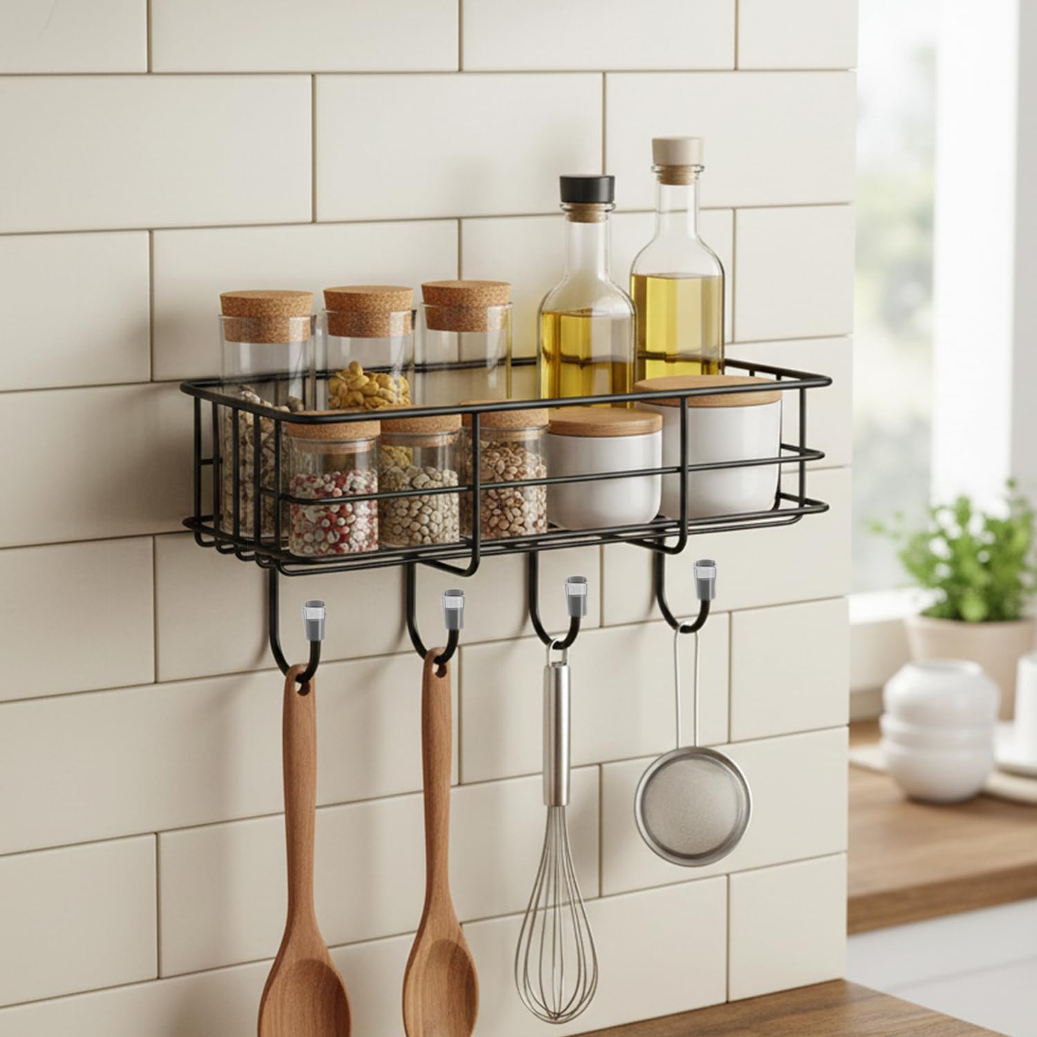 Frenchware Self Adhesive Kitchen Shelf, Drill-Free Metal Wall Rack with 7-Layer Black Powder Coated Matte Finish, Magic Sticker Bathroom & Kitchen Organizer with 4 Hooks, Rust-Proof Storage Shelf-image-31