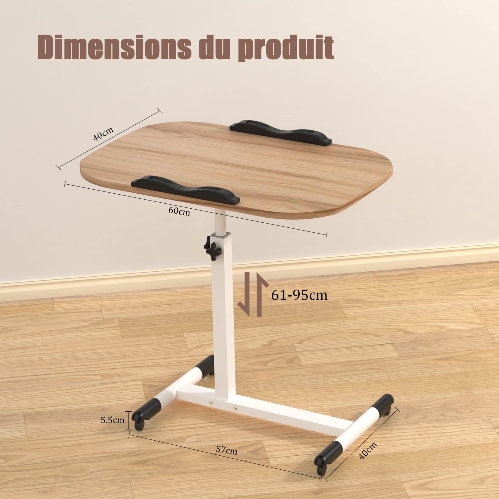 Table de Lit Roulette, 60 x 40 cm, Tablette Médicale Réglable Table d'Appoint de Lit à roulettes, Hauteur Réglable 61-95CM, Bureau Pliable, 360° Bureau D'ordinateur Levage Rotatif