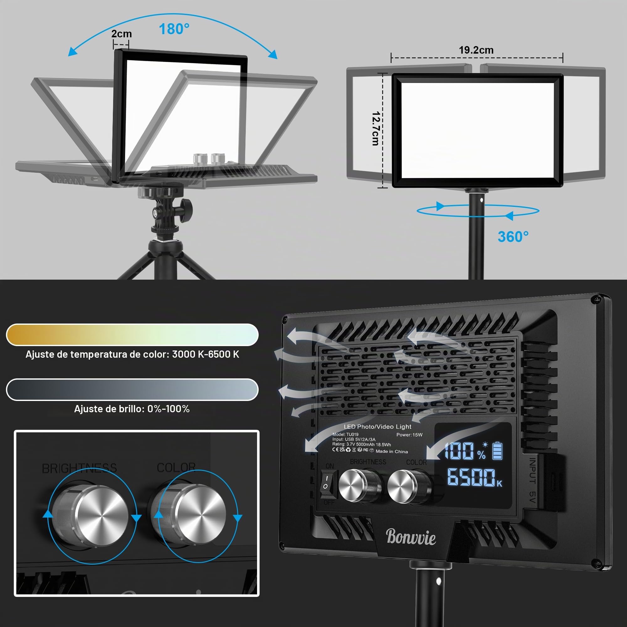Luz LED Video 9", Bonvvie 3000-6500K Iluminación de Foto para Estudio y Fotografía al Aire Libre, Vlog, Videoconferencia, Transmisión en Vivo, CRI 97+ Bicolor Luz de Cámara con Batería Li-Ion 5000mAh
