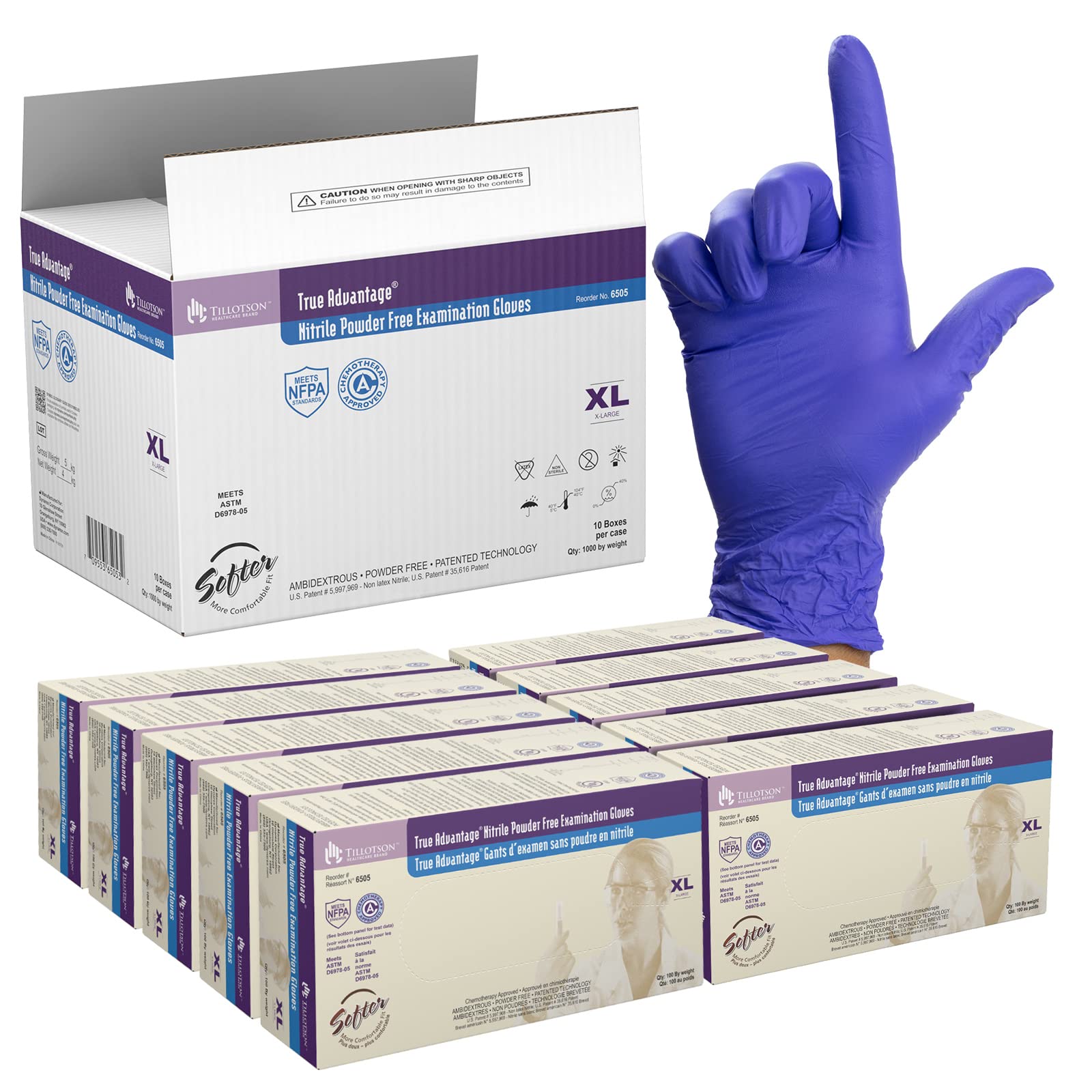Dynarex 6505 True Advantage Nitrile Exam Glove, Chemo-Approved, Powder-Free & Latex-Free, Purple, Extra-Large, Pack of 1000