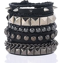 4Pcs Punk Gothic PU Leather Rivet Spike Studded Bracelet set Rock Biker Rocker Strap Cuff Wristband Bracelet for Men Women Hip Hop Stackable Unisex Jewelry Gift