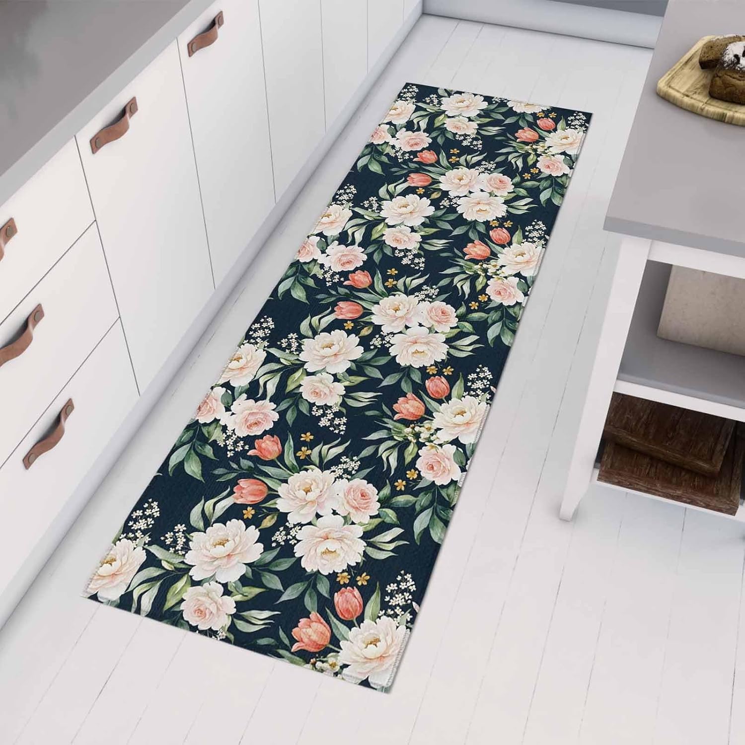 Teamery Kitchen Mats for Floor Watercolor Flowers Peonies Tulips Washable Non Slip Kitchen Rugs 1PCS, Farm Floral Leaves Absorbent Standing Mats for Sink Bathroom Office Living Room 15.7x47.2in
