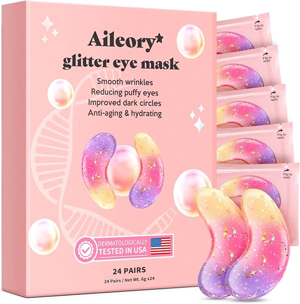 Parches para Contorno de Ojos AILEORY (24 Pares) - Gel con Brillo Tricolor para Ojeras, Bolsas, Hinchazón y Arrugas | Parches de Colágeno Natural, Mascarillas de Gel para el Contorno de Ojos