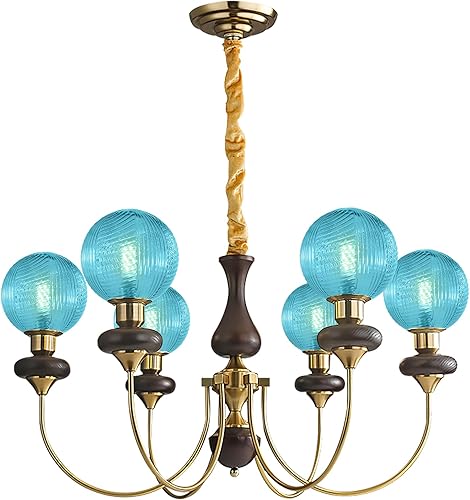Miniatura 10 de Candelabro Art Deco con globo de cristal verde, 6 luces doradas, vintage, de madera, lámparas colgantes de mediados de siglo, para sala de estar,