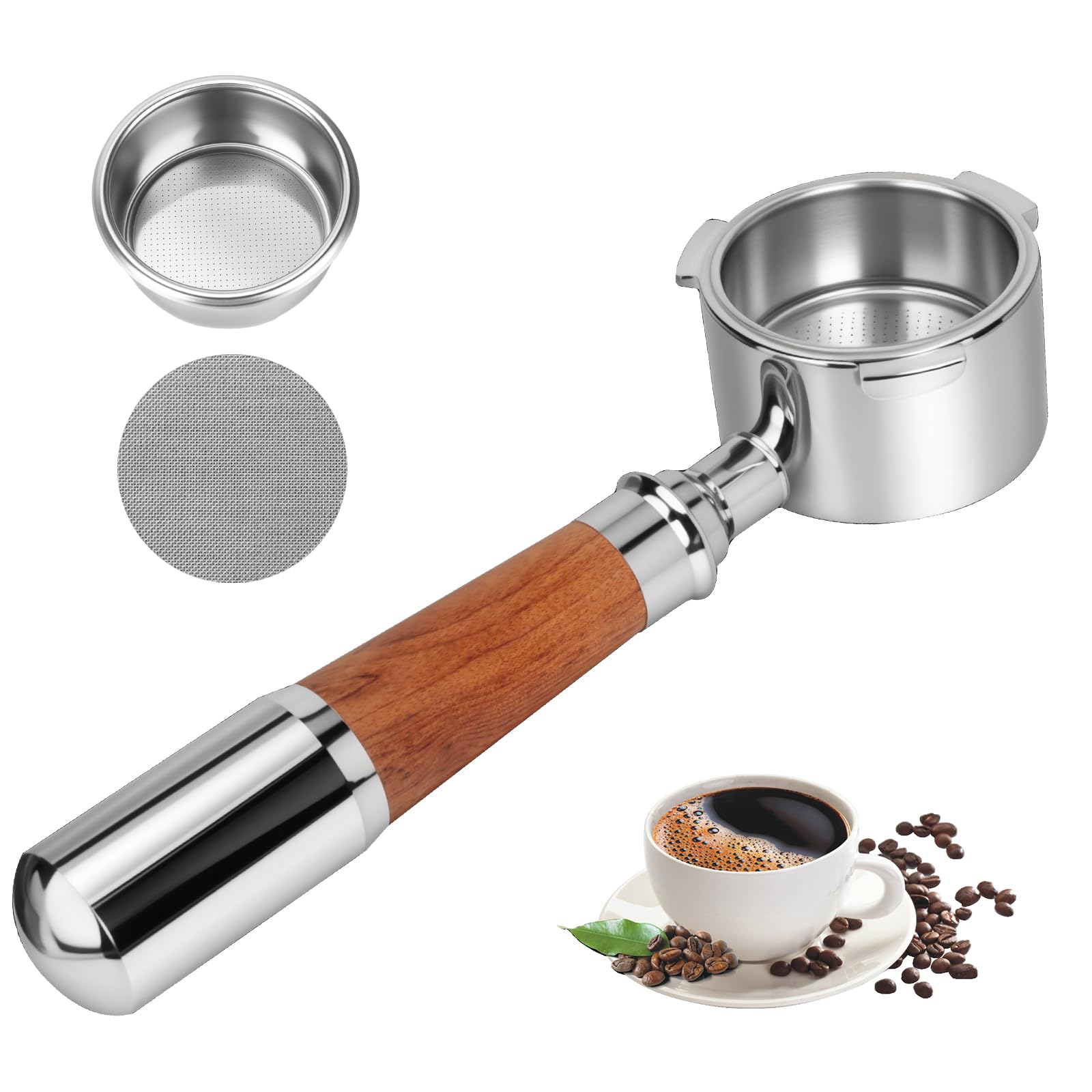 Romon Portafiltro Sin Fondo 51mm, Accesorio con Mango de Noyer y Acero Inoxidable, Compatible con Delonghi EC680/EC685/EC885/EC890, 3 Orejas