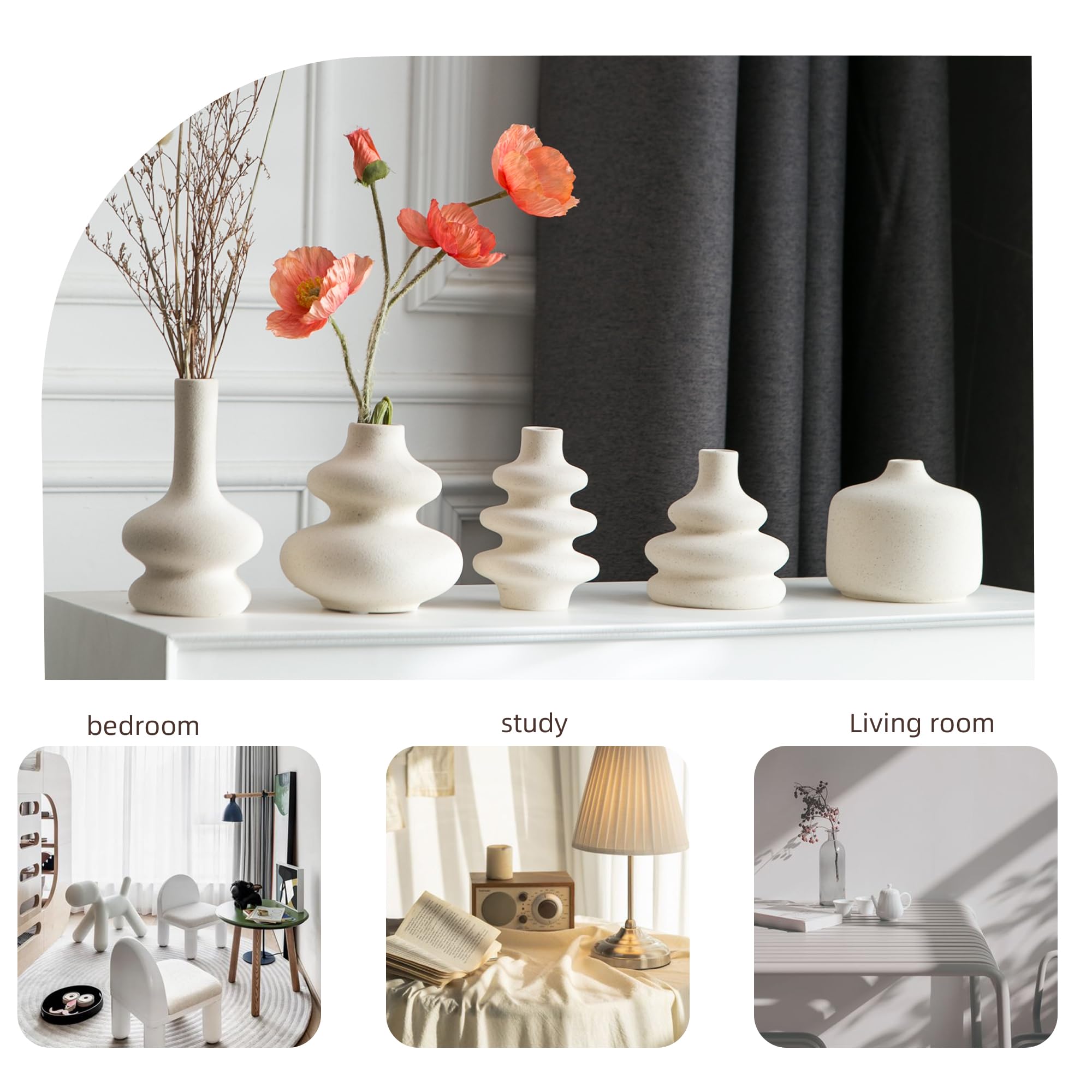 JOJUNO White Bud Vases, Small Ceramic Vase Set of 5, Mini Pottery Vases for Flowers, Decorative Vases for Home Modern Decor, Boho Decor, Chic Vases for Living Room Dining Table Shelves