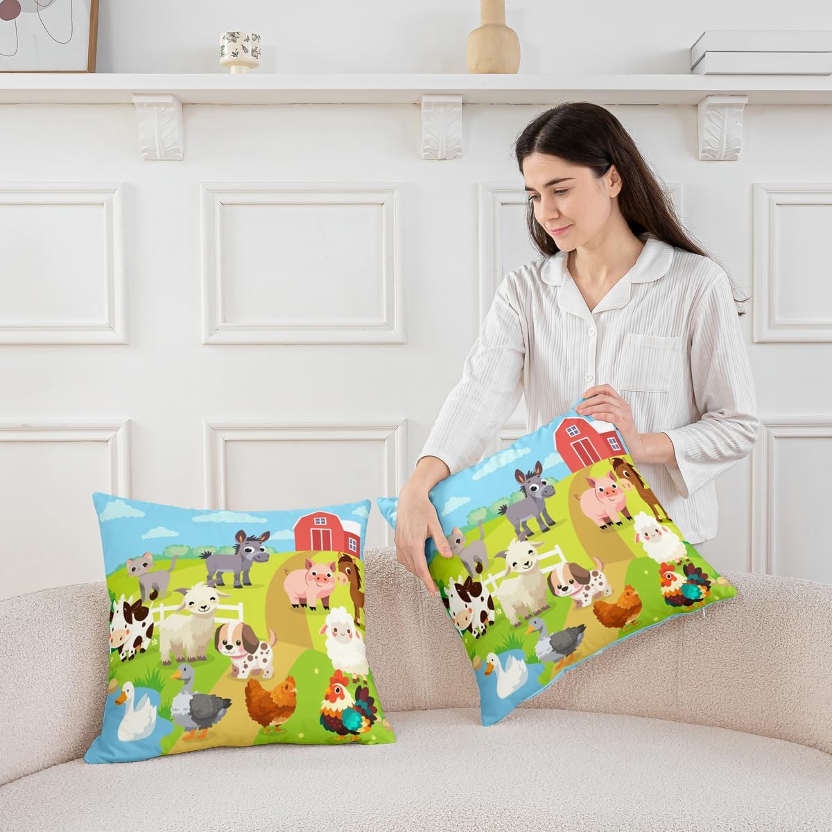 Feelyou Farm Animal Pillow Cases Cushion Covers Farm Nursery Decor Throw Pillow Covers 18"x18" Set of 4 Soft for Kids Rustic Farmhouse Decorative Throw Pillowcases Cute Cow Horse Green Cushion Cases