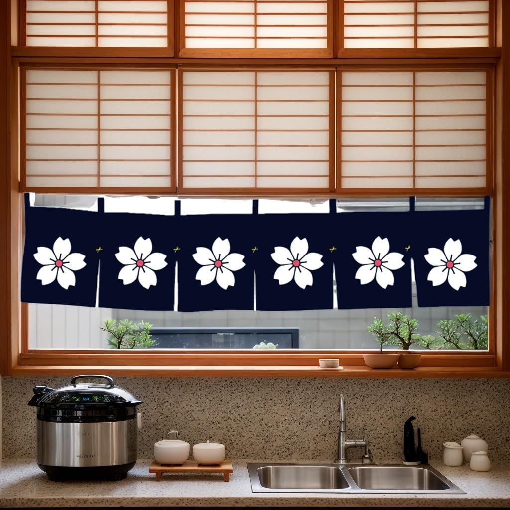 Noren (Japanese Curtain) Sakura Pattern Doorway Short Curtain for Japanese Sushi Bar Decoration 40×90CM,Blue
