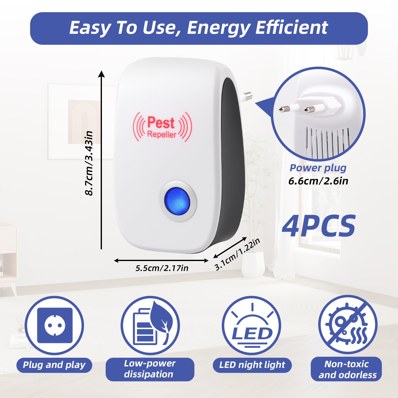 4 Pack Repelente Ultrasónico de Plagas, Repelente Ultrasónico Ratas, Antimosquitos Electrico, Auyentadores de Ratones Potente, para Interiores Anti Moscas Cucarachas Arañas Roedores