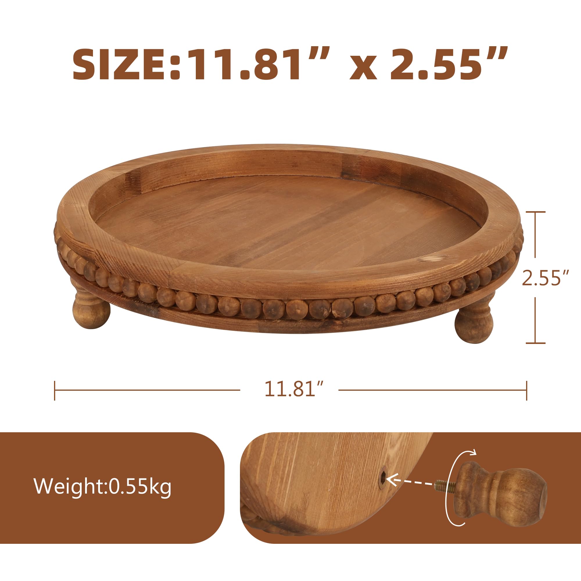 Rundes Holztablett Im Bauernhaus-Stil – 30x30 Cm, Weiß Gewaschen, Mit Perlen, Für Couchtisch Oder Küche