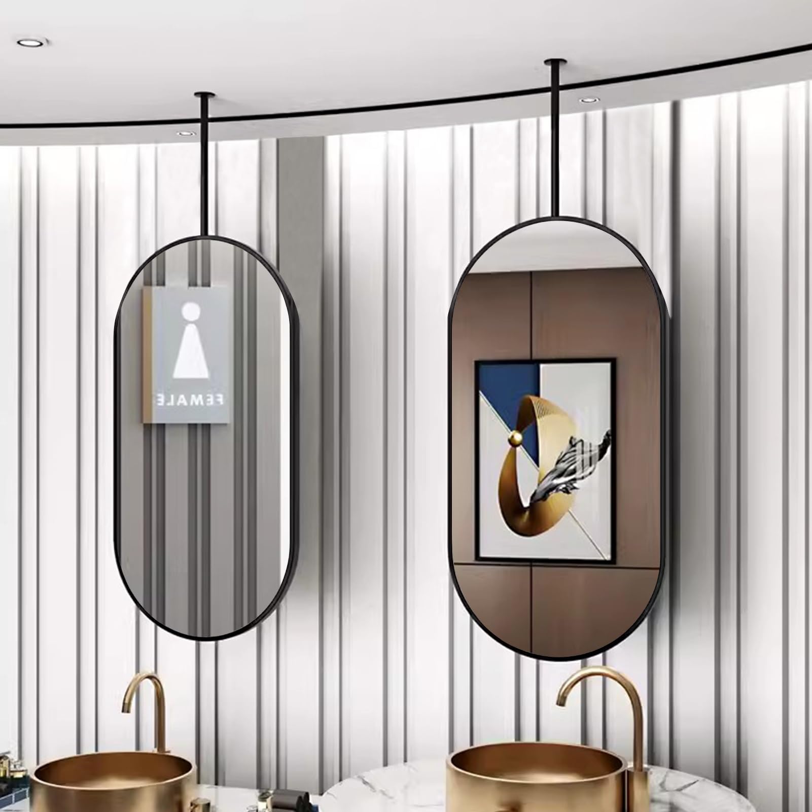 FGXHHS Oval Mirror for Ceiling Hanging, Makeup Vanity with Metal Black Frame Bathroom Wall Shaving (Booms can be customizable) (Size : 40cmx70cm)
