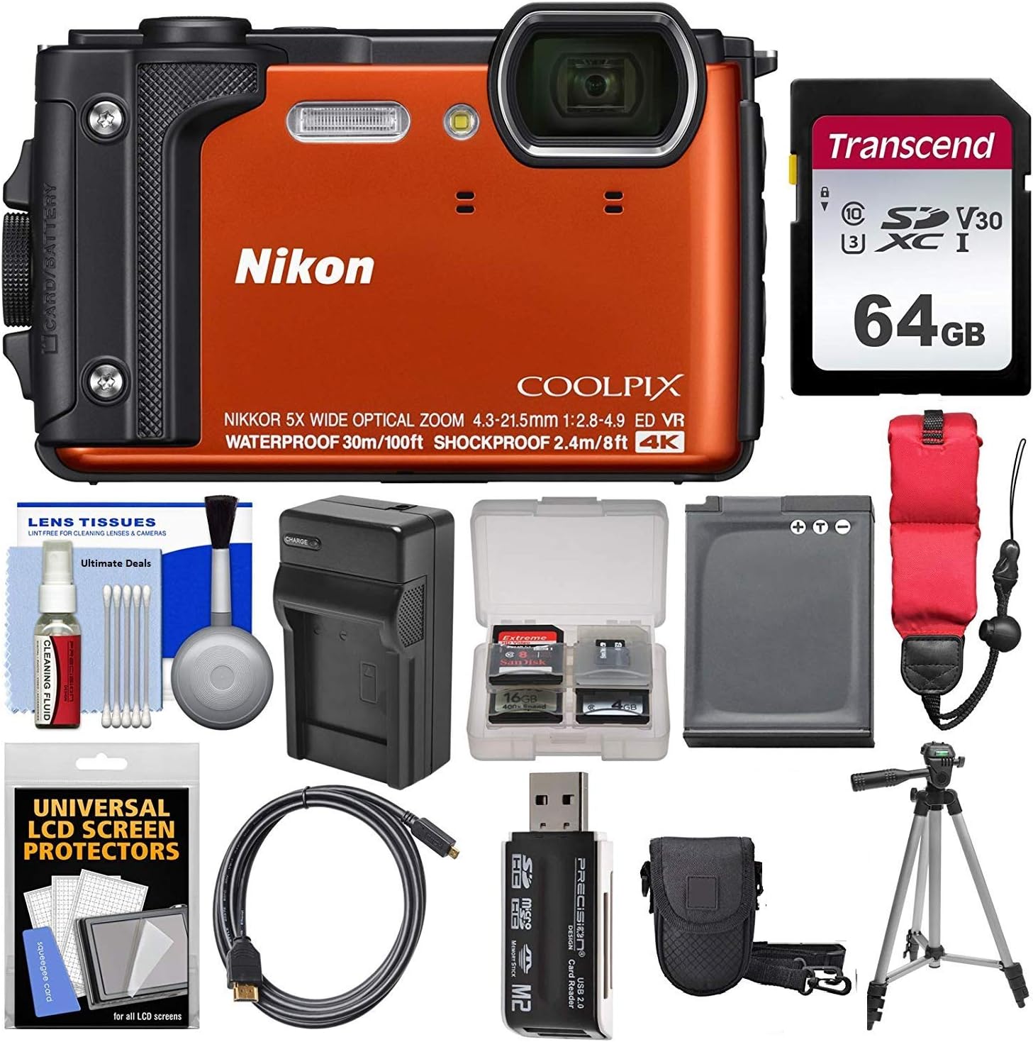 Nikon Coolpix W300 4K Wi-Fi Shock & Waterproof Digital Camera (Orange) with 64GB Card + Case + Battery & Charger + Tripod + Float Strap +Ultimate Bundle