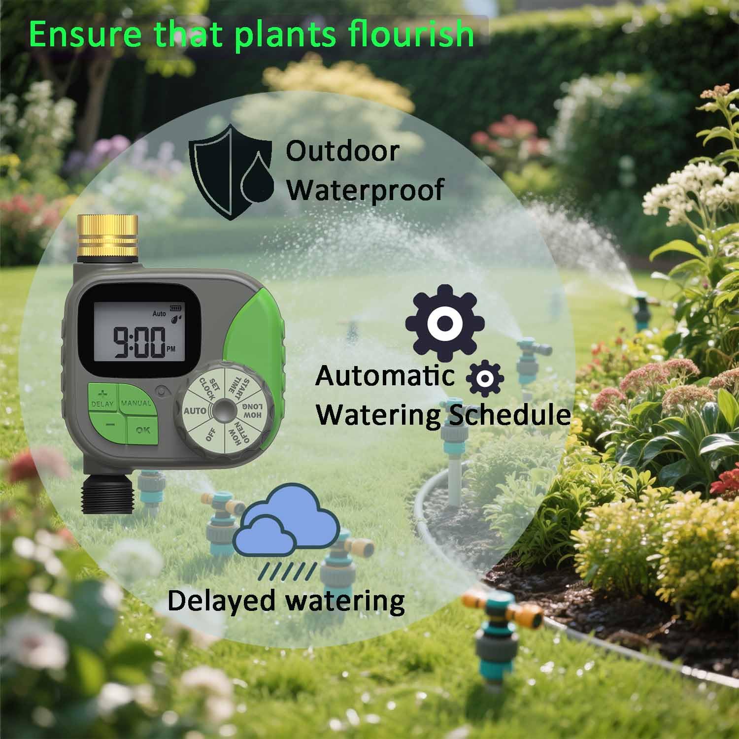 Kit de riego por goteo sistema de riego automático con temporizador de agua de 64 pies, tubo de 1/4 y 12 boquillas de riego de lluvia en 4 direcciones para plantas en maceta, patio, césped, plantas