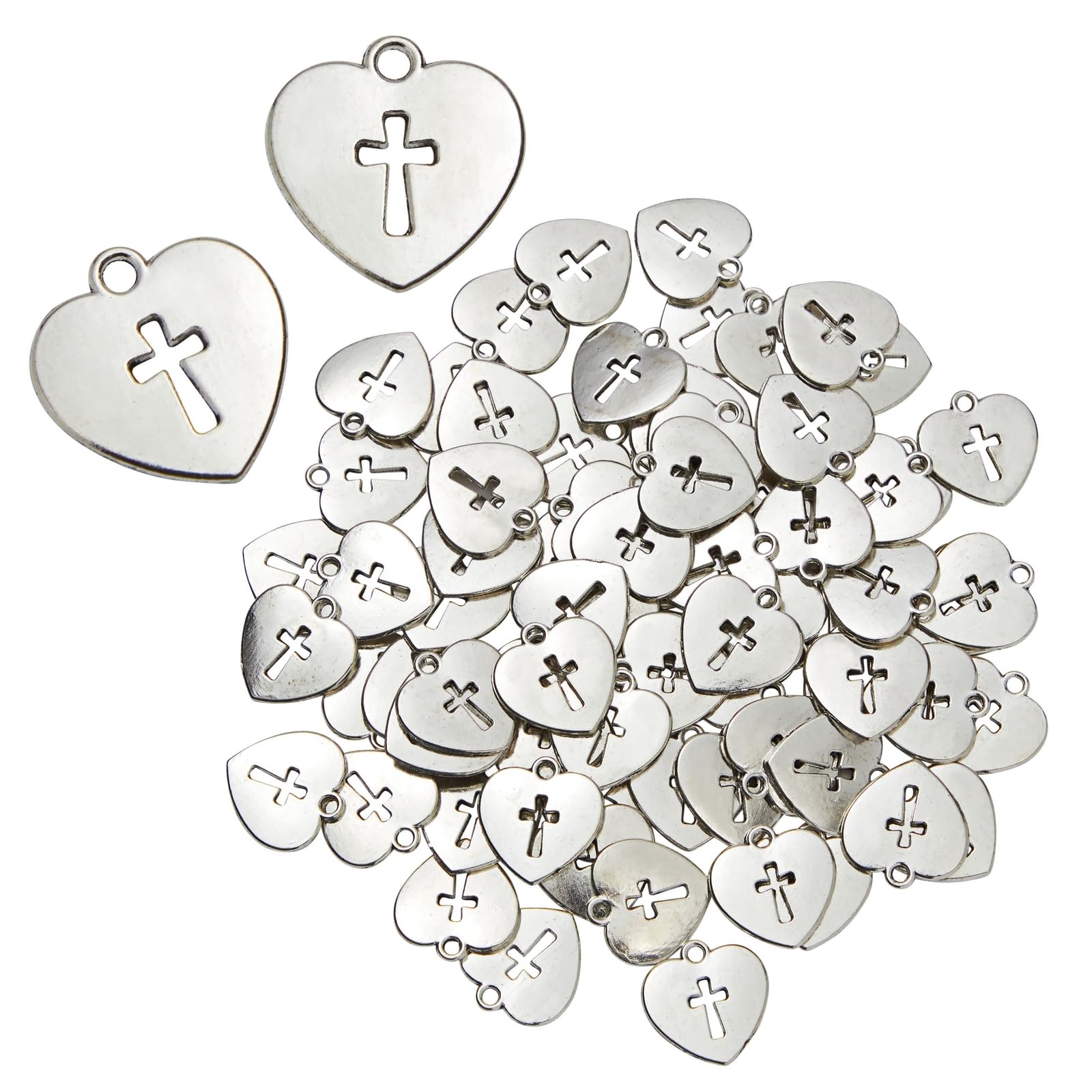 Juvale75 Pack Silver Heart Cross Charms for Keychain, Bracelet, Necklace, Anklets, Chokers (0.67 x 0.63 Inches Cross Charm)