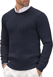 COOFANDY Men's Lightweight Cable Knit Crewneck Sweater - Soft Pullover