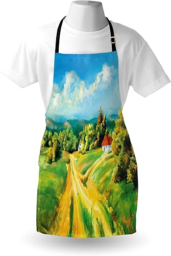 Miniatura 3 de lunarable rústico delantal, Barren camino a pequeño pueblo un montón de plantas y árboles pintura al óleo imagen, unisex delantal con cuello