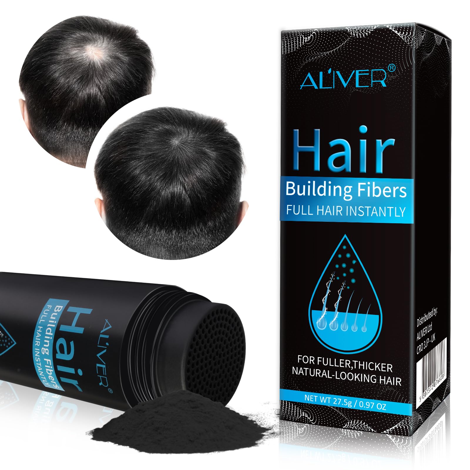Poudre de fibres capillaires, Poudre cheveux pour un aspect naturellement plus épais, Pour hommes et femmes (noir)