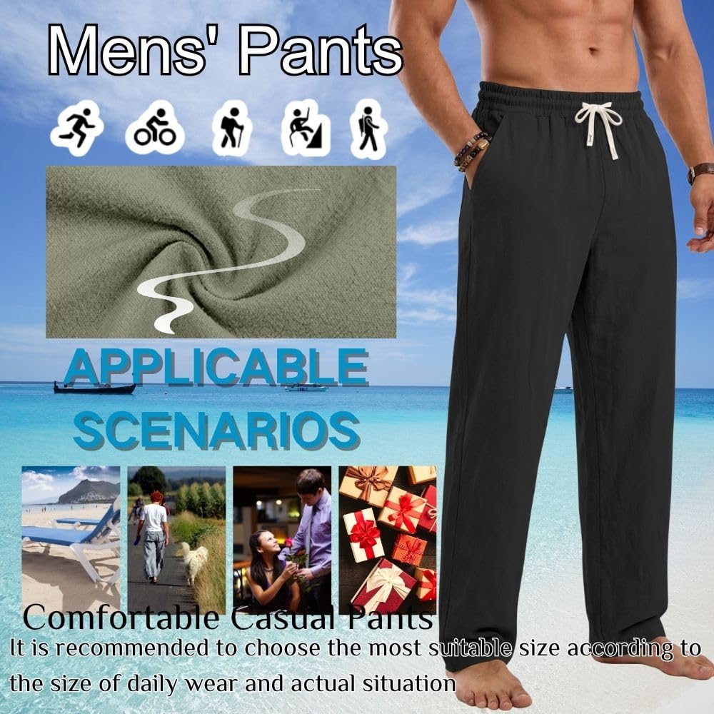 Pantaloni estivi da uomo in lino, con coulisse, leggeri, vestibilità larga, da spiaggia, casual, in cotone