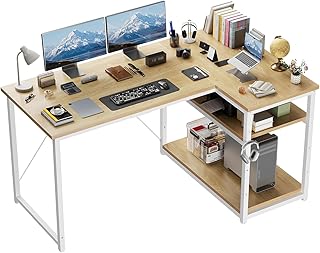 JUMMICO L-förmiger Schreibtisch 140 x80 cm mit Stauraum, Eck-Computertisch mit umkehrbarem Regal, Stabiler Bürotisch und Arbeitsstation für das Homeoffice,Beige