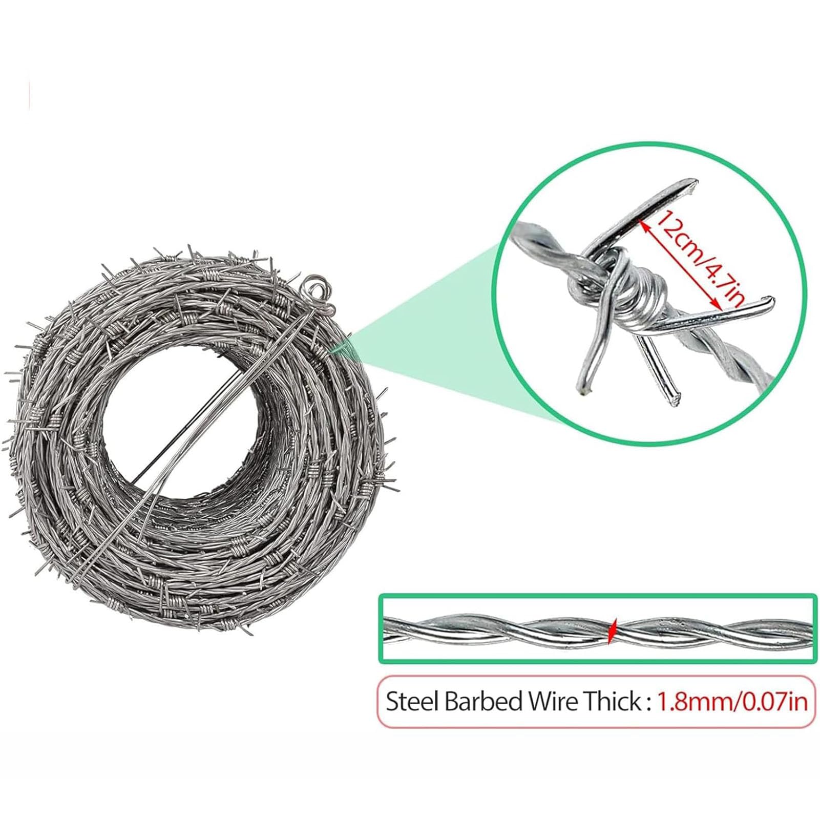 Rollo De Alambre De Púas, Alambre Espino Galvanizado Alambre De Espino Anti-Escalada Anti-Robo Malla De Alambre Valla Aislamiento De Espinas Medidas De Seguridad para Valla Forestal ( 2.8mm 100M)