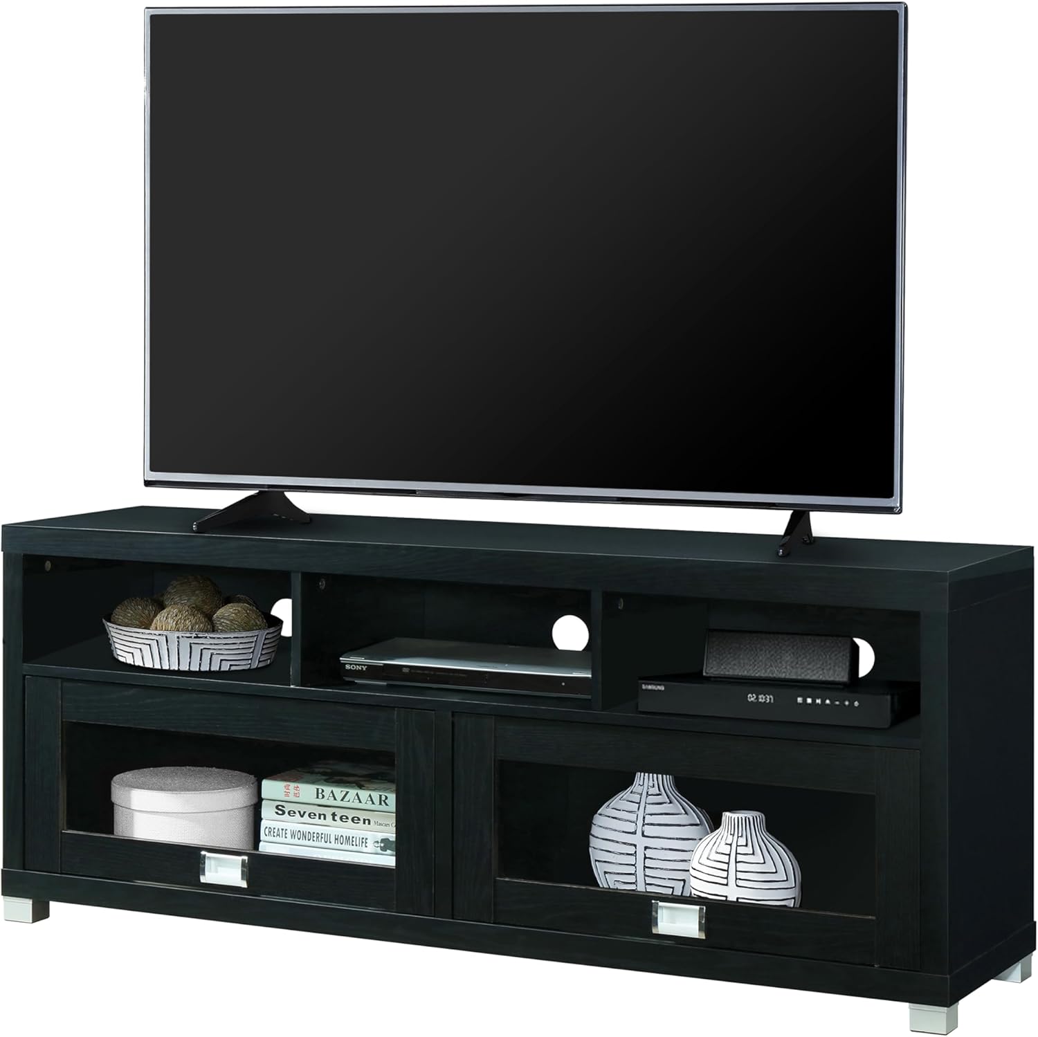 Techni Mobili TV Stand for 55+ Inch TV - Durbin Entertainment Center for 65 Inch TV - Living Room & Media Furniture with Glass Storage Cabinet Drawers, Shelves, & Cable Management Opening - Black
