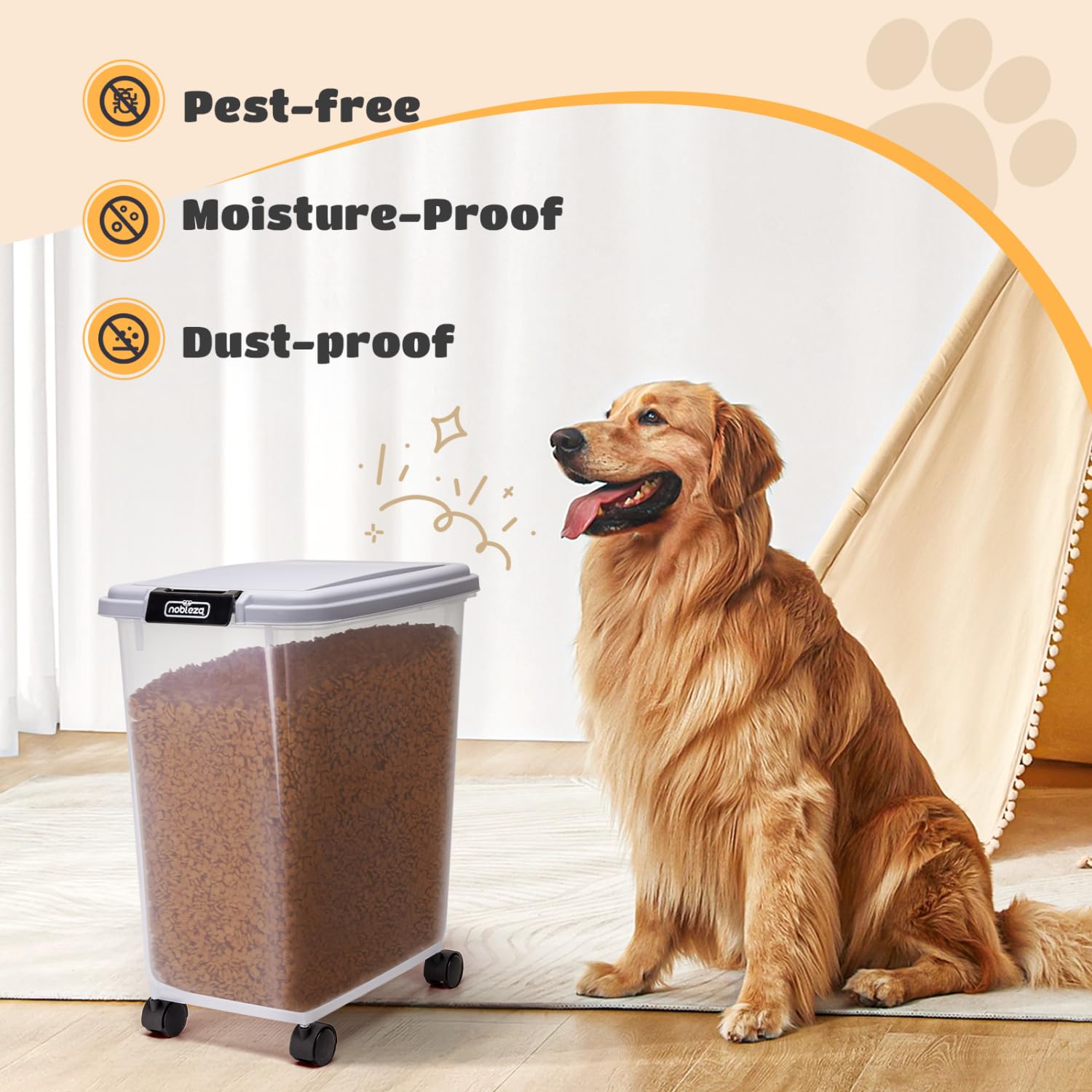 Nobleza - 2 Pezzi Contenitore per Animali da 30 L, Animali Domestici Scatola di Alimenti con Ruote Contenitore, Coperchio Ribaltabile, Ermetico, Trasparente, Ruote e Pala, per Cibo per Cani e Gatti