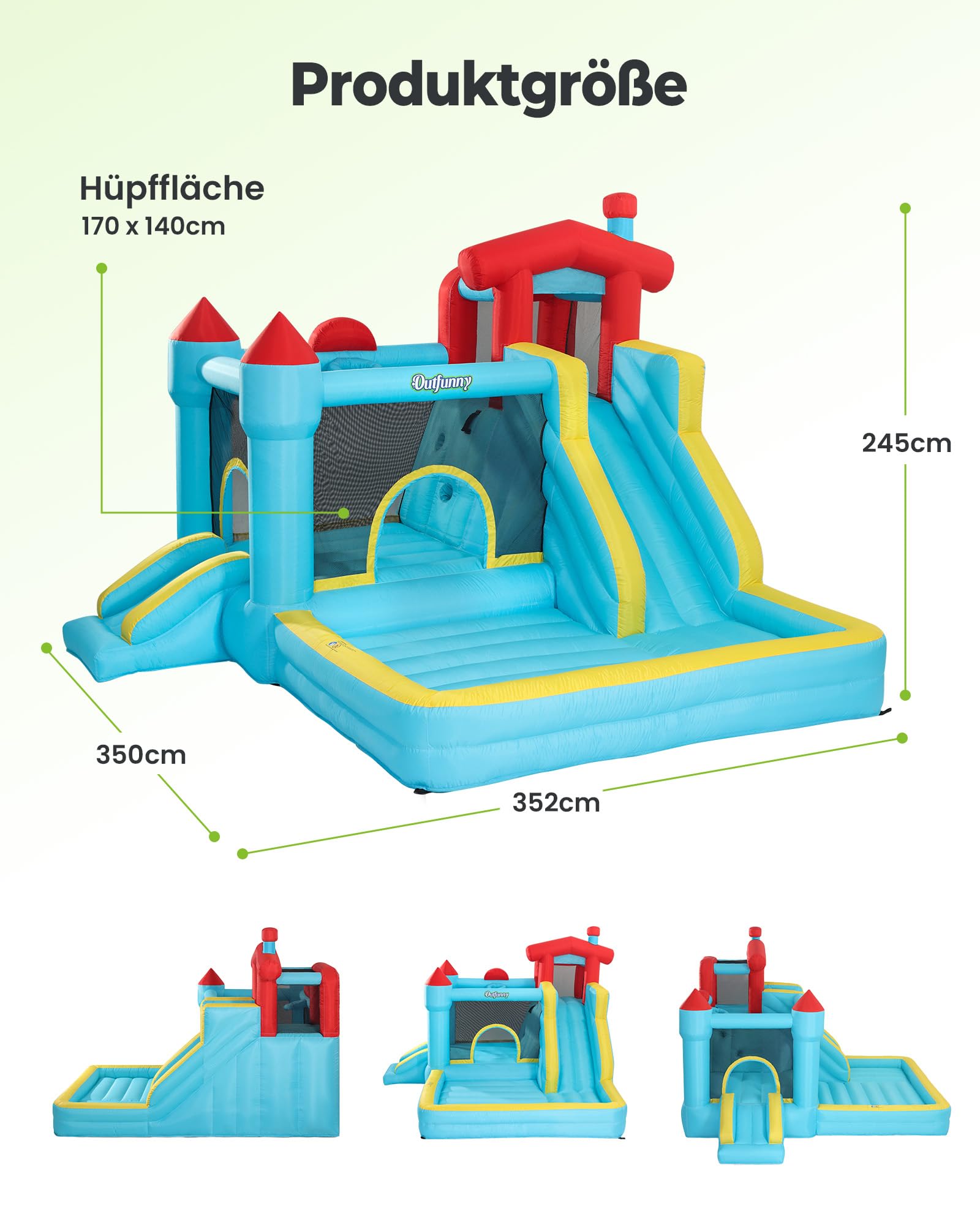 Outfunny Hüpfburg groß für Kinder, Aufblasbare Hüpfburg Indoor & Outdoor mit Gebläse 450W, Rutsche - Blau