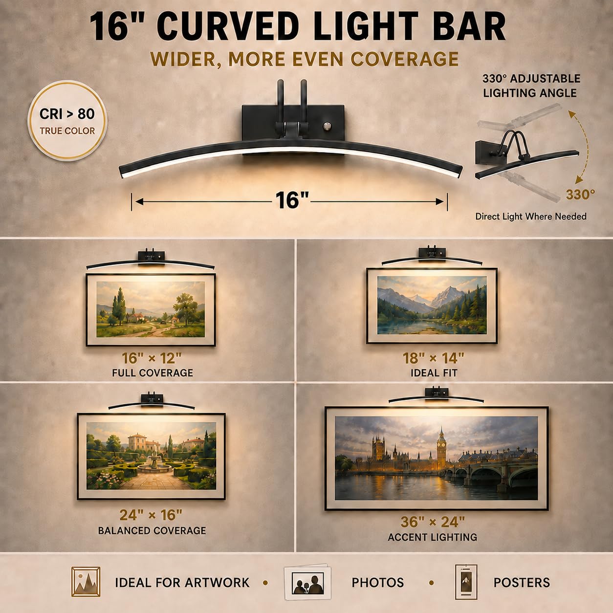PAIHOME Luce per immagini a batteria con telecomando e funzione dimmerabile, 400 cm, nera, ricaricabile, 5000 mAh, 3 colori e luminosità, luce artistica per dipinti, opere d'arte in galleria, ritratti
