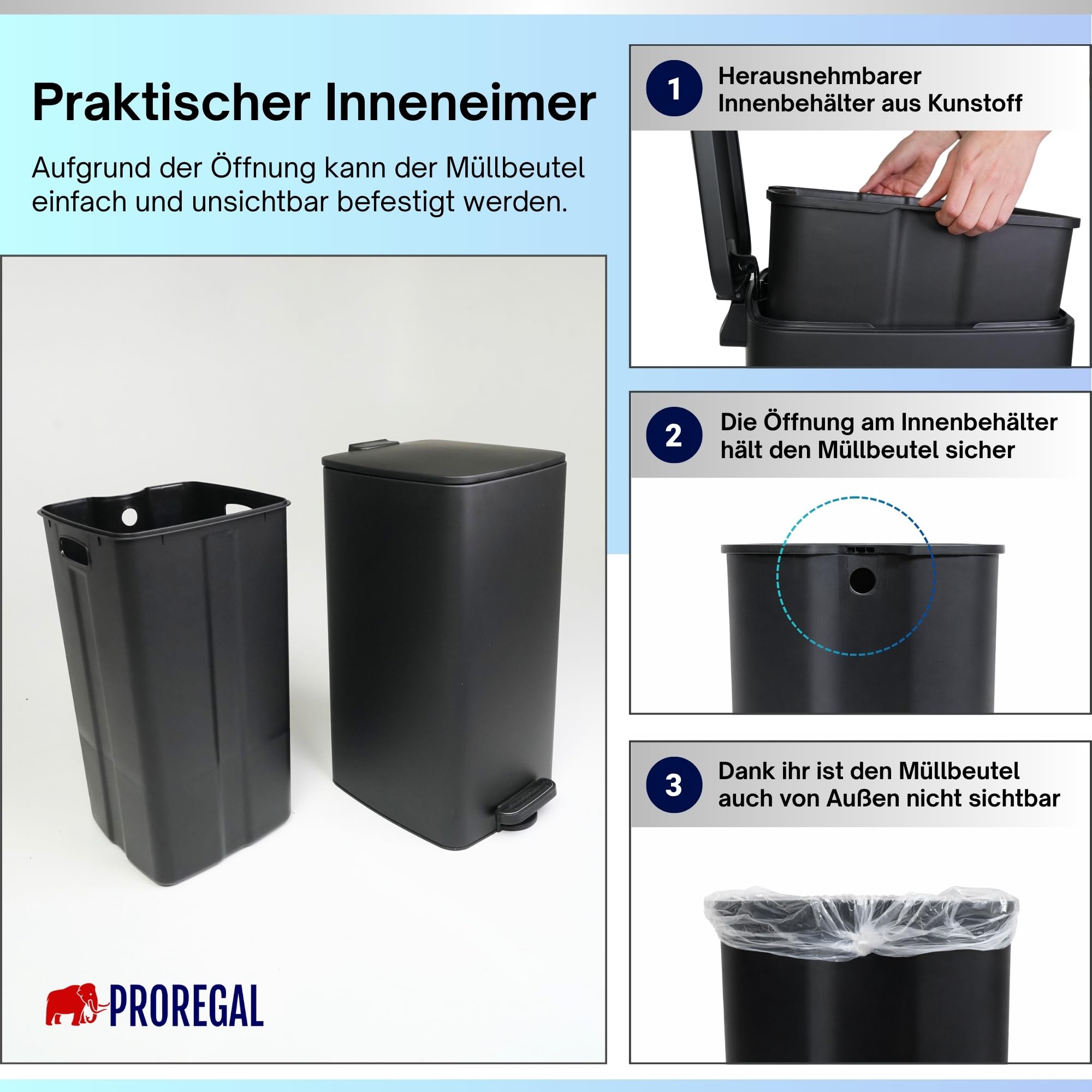 PROREGAL Poubelle cuisine salle bai 50 litres avec Softclose & Stay-Open couvercle. à Pédale & Seau Intérieur Amovible Acier Inoxydable HxLxP 67.5x41.5x49cm Noir Mat