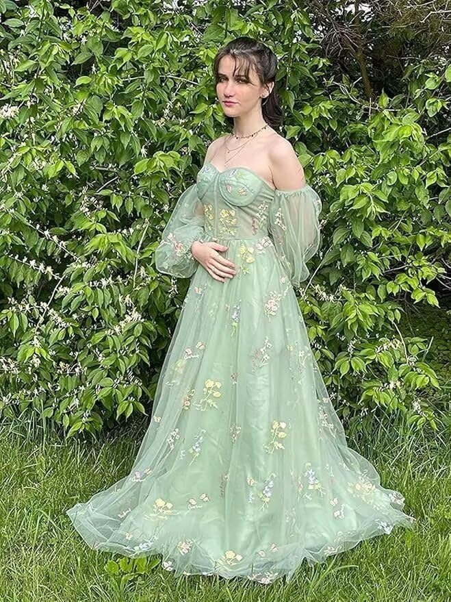 Flower Embroidery Tulle Prom Dress Floor Length Long Puffy Sleeve Evening Party Gowns3