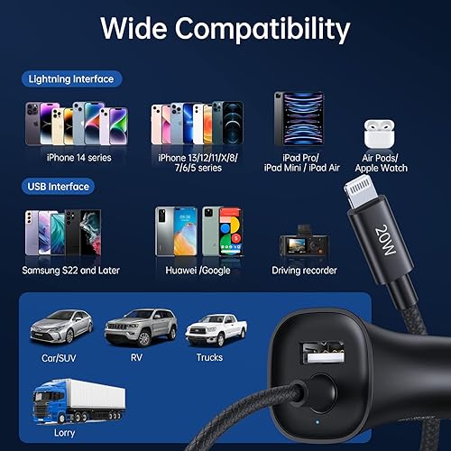 Miniatura 8 de Certificado MFi de Apple Syncwire Cargador de coche para iPhone de 32 W, cargador de coche súper rápido, cargador de coche USB para iPhone con cable