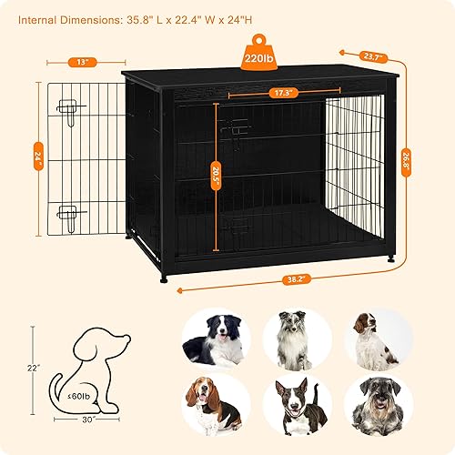 Vista 261 de DWANTON Mueble de jaula para perros con cojín, caja de madera para perros con puertas dobles, muebles para perros, perrera de interior, mesa Negro