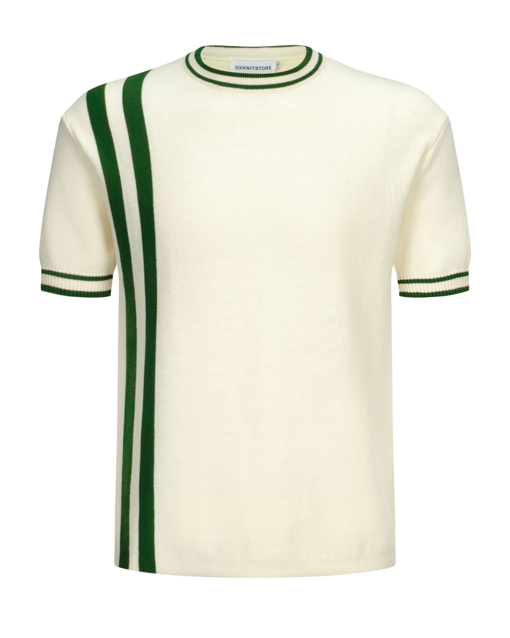 OXKNIT Mens Knitted Shirt Short Sleeve Retro Classic Crewneck Solid Shirt with Double Racing Striped