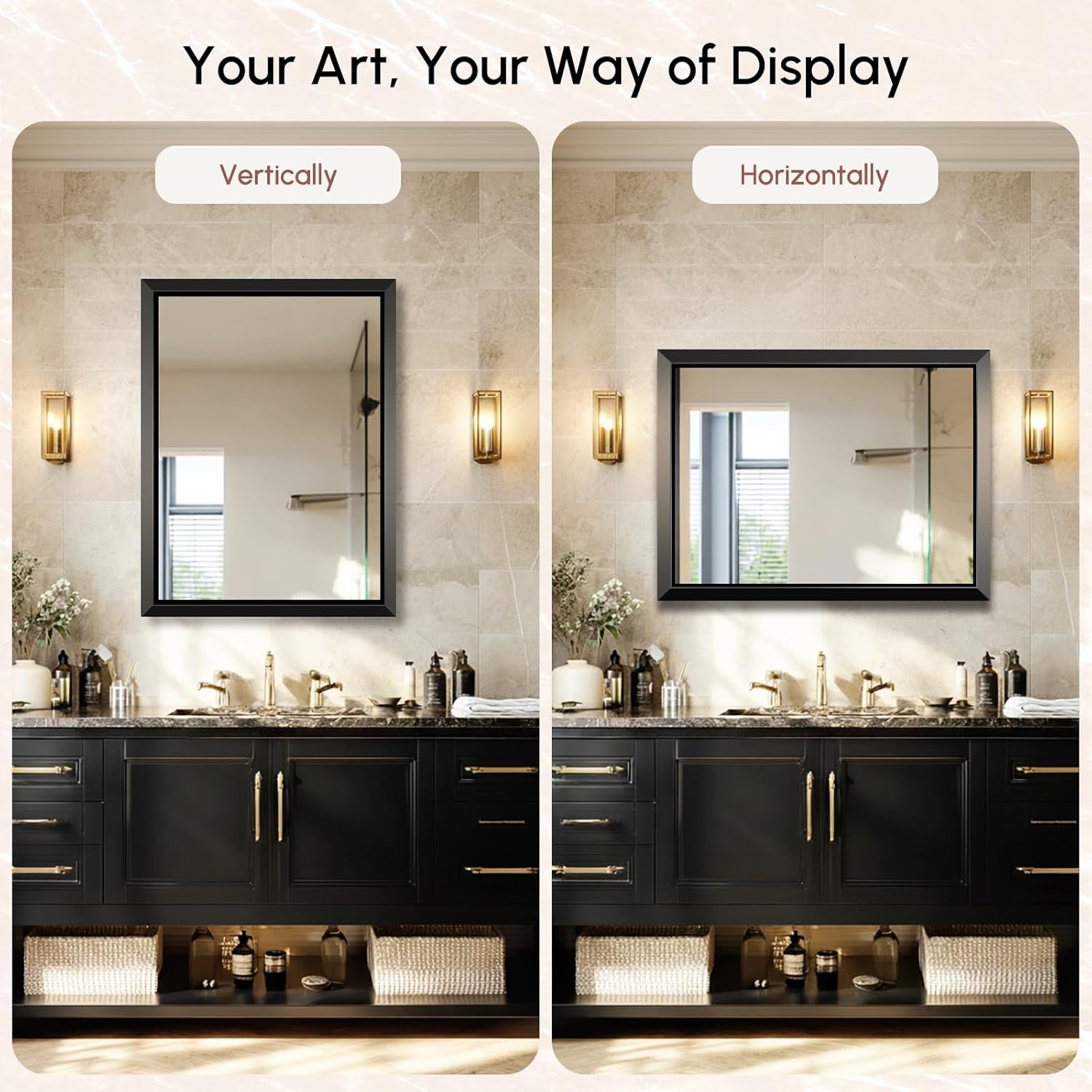 USHOWER 24x32 Bathroom Mirror, Beveled Aluminum Frame Wall Mirror, Rectangular Bathroom Vanity Mirror, Anti-Rust Small Mirrors for Bathroom, Bedroom, Living Room, Powder Room, Entryway, Brushed Black