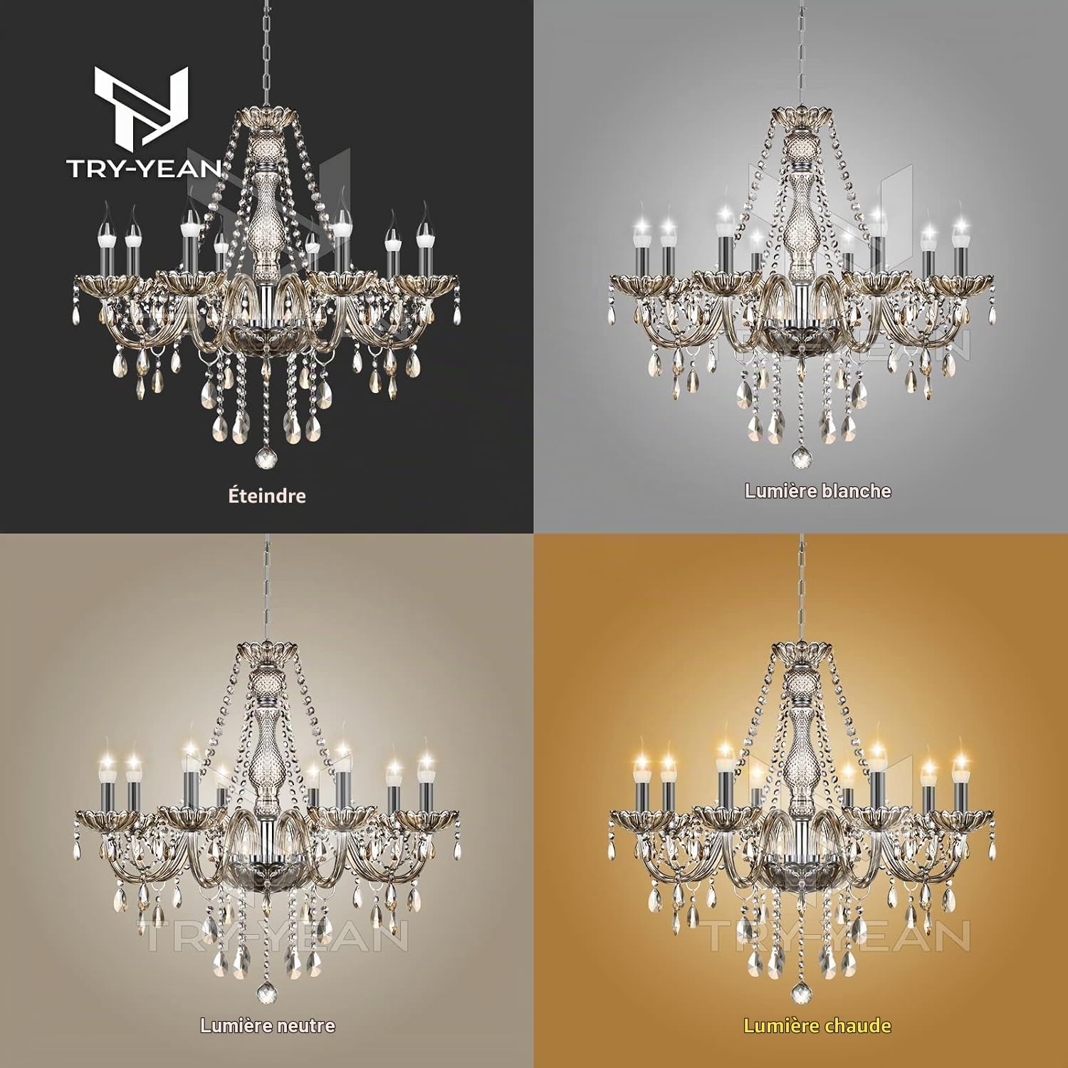 Lustre à 8 Bras Lustre Cristal Moderne Couleur Cognac Pampille Suspension Lampe de Plafond Verre Cristal K5 avec Chaîne Réglable pour Chambre, Salon, Salle à Manger, Restaurant, E14
