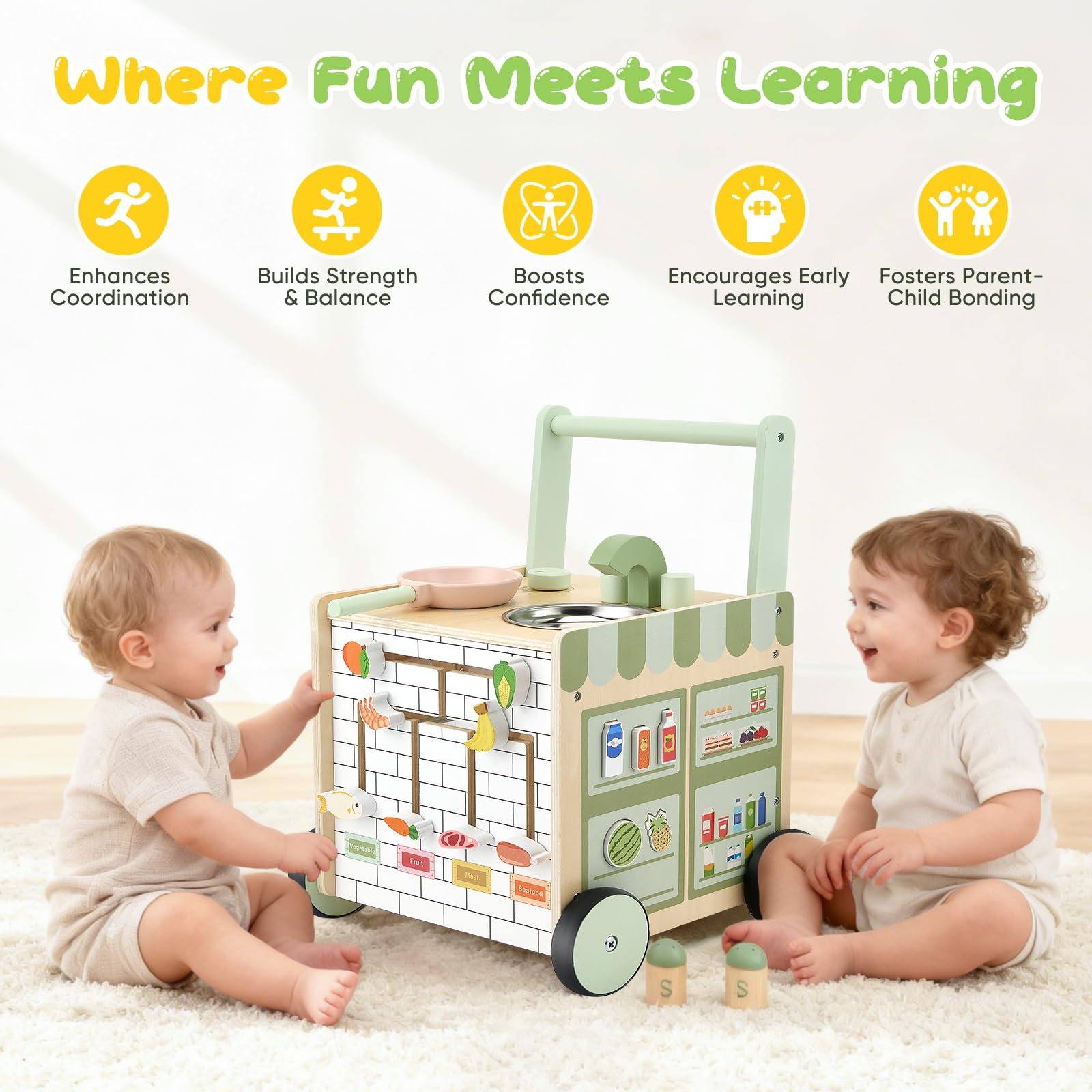 Andador Bebes, Andador Madera Bebé Desde 12 meses - con Centro de Actividades (Utensilio de Cocina, Pista de Laberinto de Frutas) Baby Walker Regalo ideal para niños y niñas de 1 a 3 años