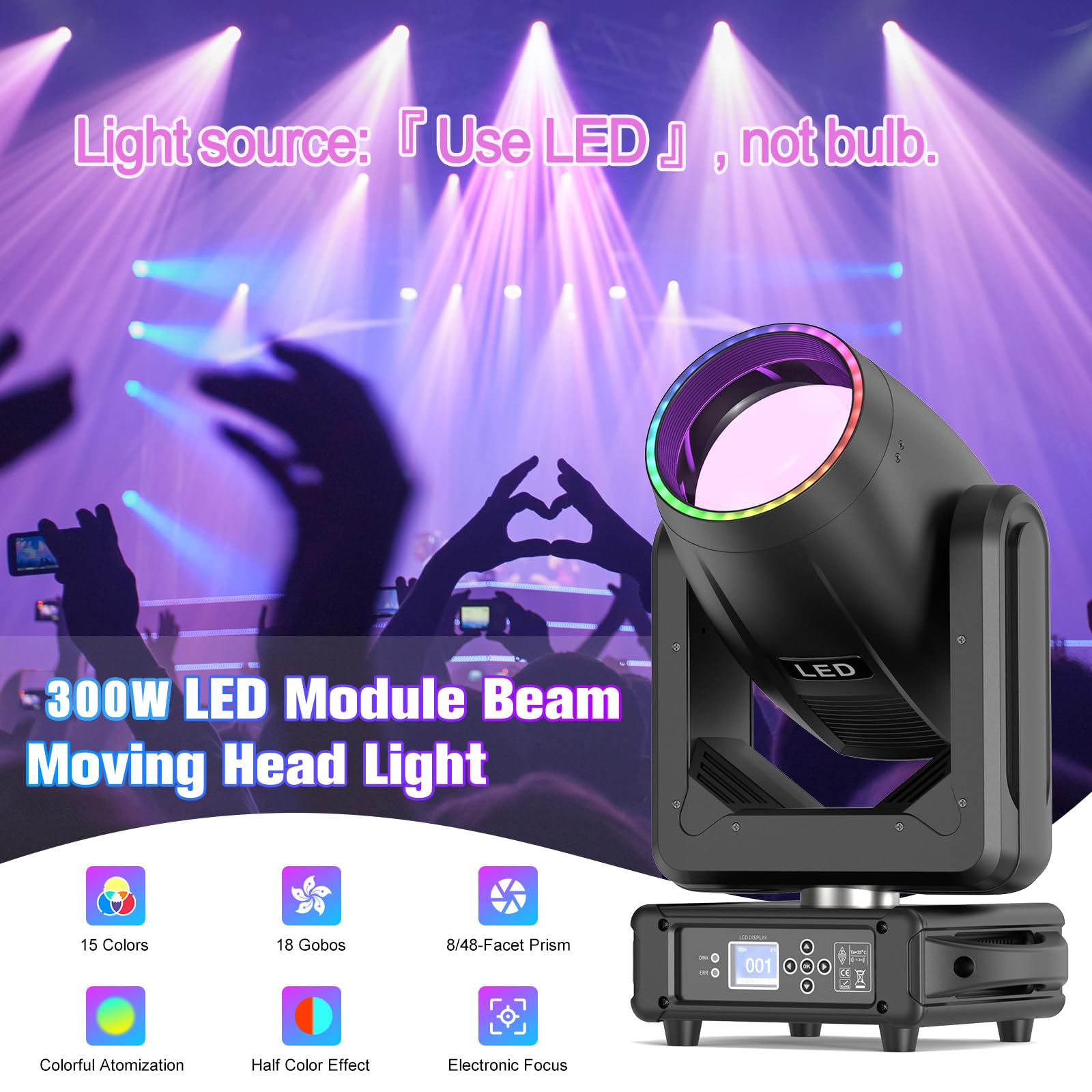 2PCS 300W Lyre LED avec flight case Beam Lumière 18 Gobos 15 Couleurs RGBW Lumières de scène DMX Luminaires à tête rotative pour DJ Fête Bar Soirées Éclairage