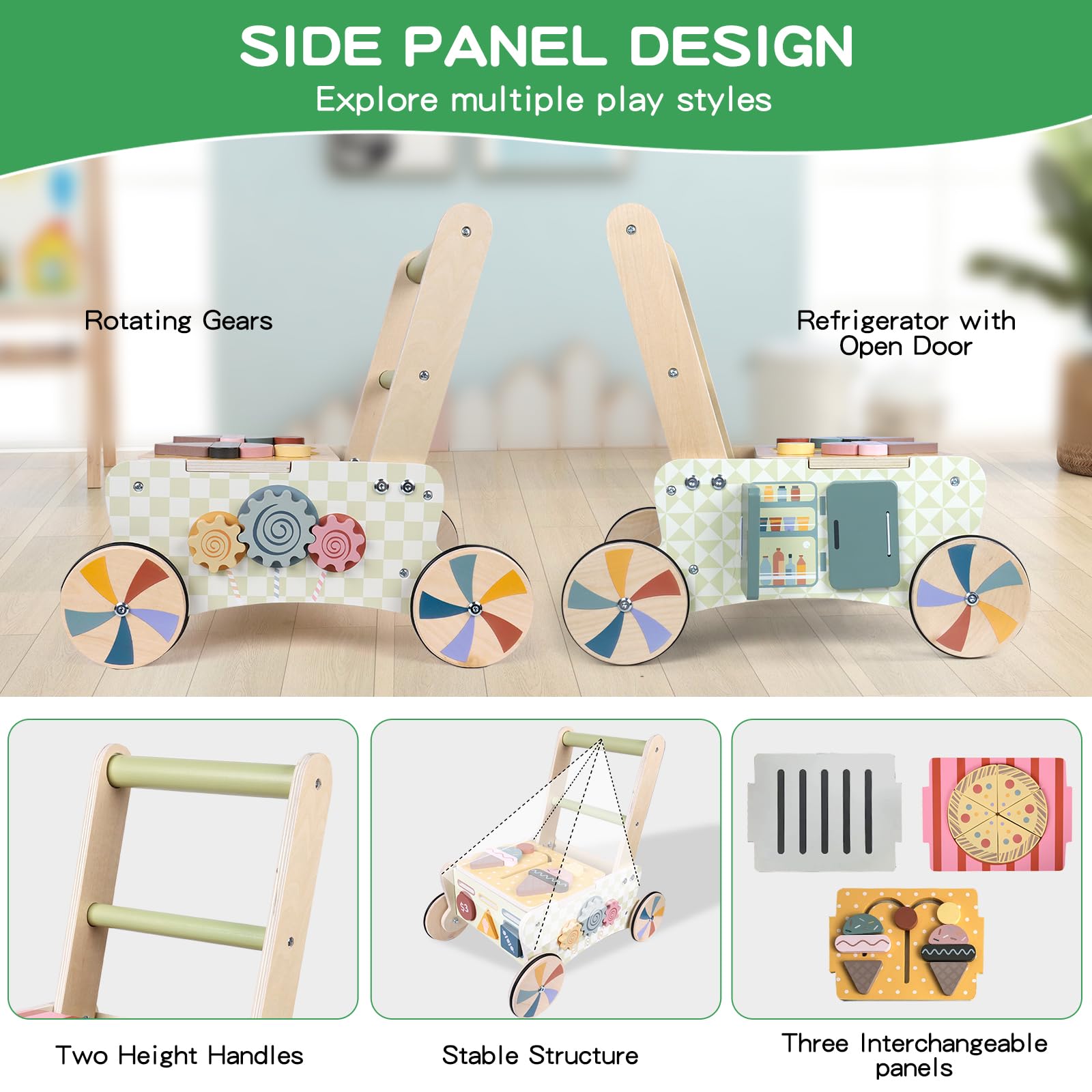 Girello per Bambini in Legno Carrello Primi Passi con Giochi Interattivi Montessori Baby Walker Cucina da Gioco Giocattoli Bambino 1 Anno Regali di Natale Capodanno Battesimo per Bimba e Bimbo