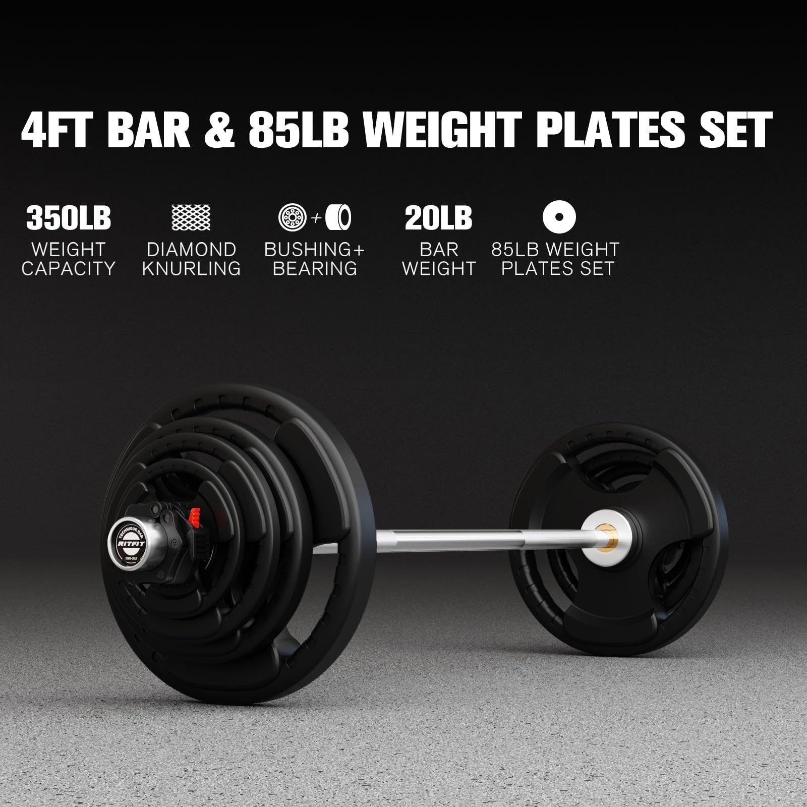 RitFit Barbell Weight Set - 4/6FT Olympic Barbell with Weight Plates (55-115LB Total) - Weightlifting Equipment for Squats, Curls, Deadlifts, Presses, Hip Thrusts 4FT Silver Bar with 85LB Plates