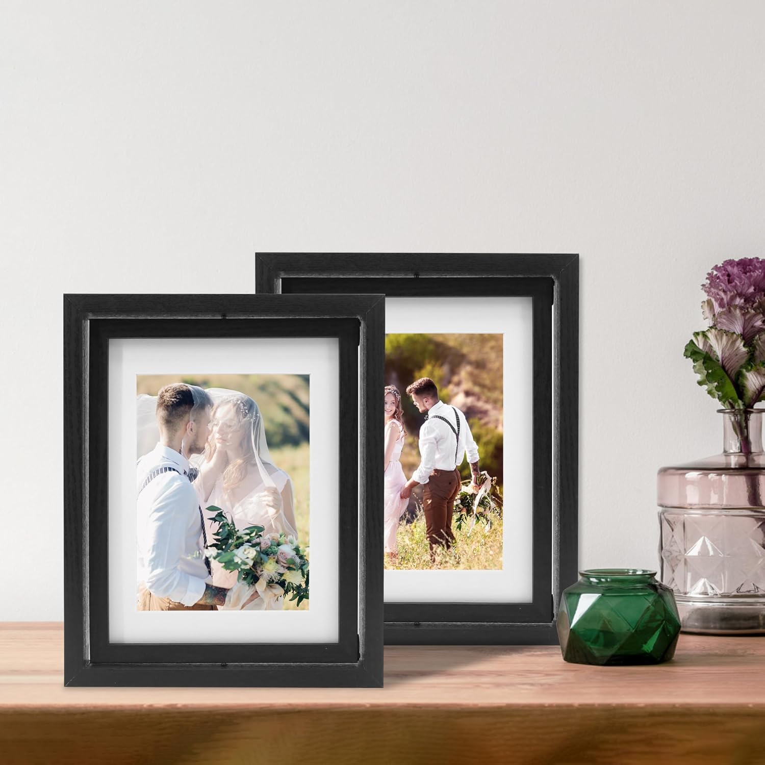 FramePro 2-Pack Rotating Double Sided Picture Frame - 8x10 Floating Double Plexiglass Desk Frames Vertical/Horizontal Display, Black Wood with 5x7/6x8 Photo Mats