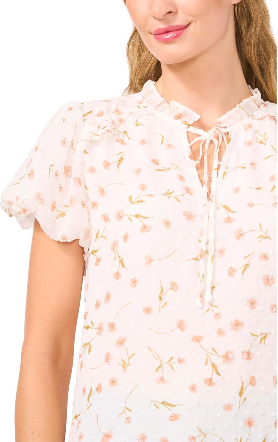 CeCe Womens Bubble Sleeve Split Neck Blouse with Tie - Image 3