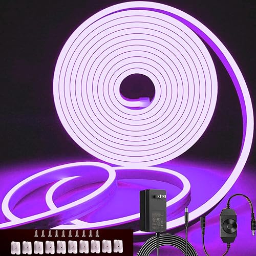LEDURAPROMT Tira de luz de neón, tira de luces LED de neón moradas de 16.4 pies, 12 V, flexible, impermeable, de silicona, para dormitorio, fiesta