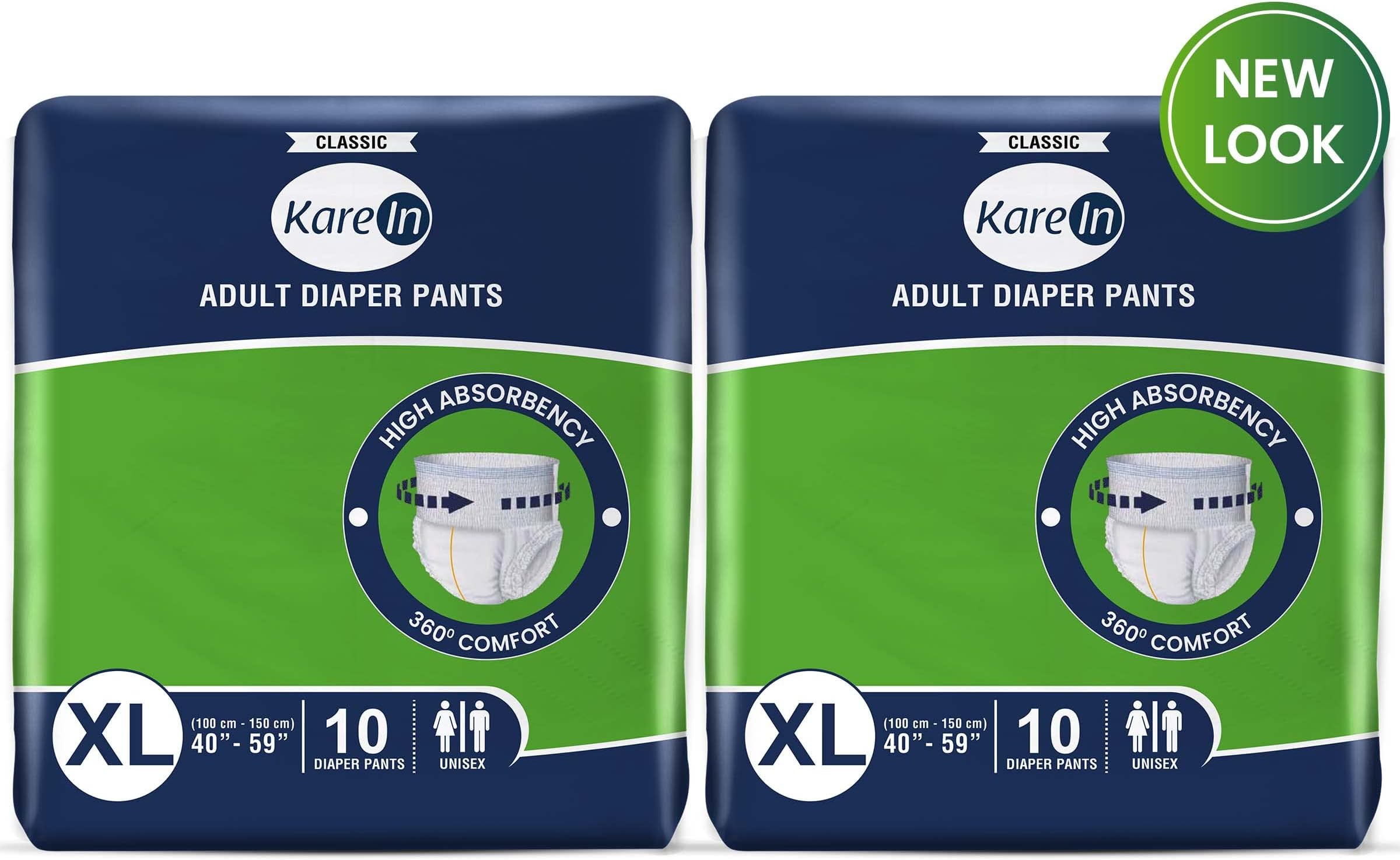 KareIn Classic Adult Diaper Pants, Extra Large 100-150 Cm (40"- 59"), 20 Count, Unisex, Leakproof, Elastic Waist, Wetness Indicator, Pack of 2