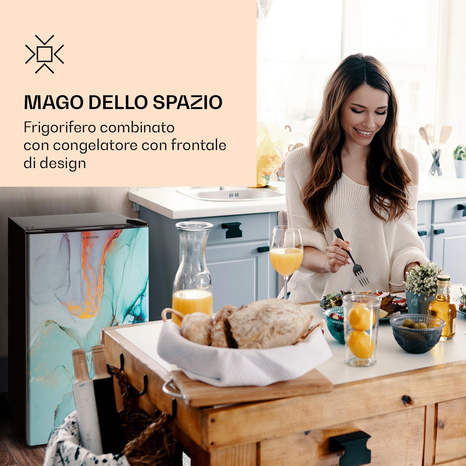 Klarstein CoolArt - Combinazione di Congelatore e Frigorifero, Frigo con 2 Livelli, Design Frontale, Termostato con 5 Livelli, 0-10 °C, Volume: 79 Litri, Motivo: Pastello